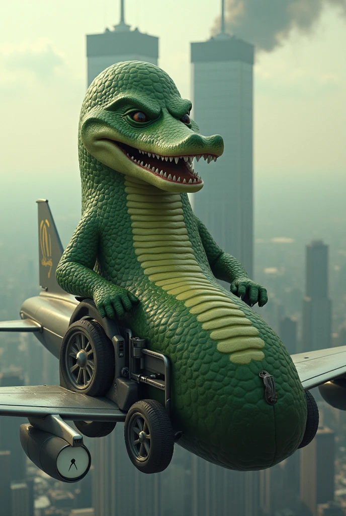 Big pickle using an alligator mask using wheelchair at the top of a plane going through two twin towers in the background