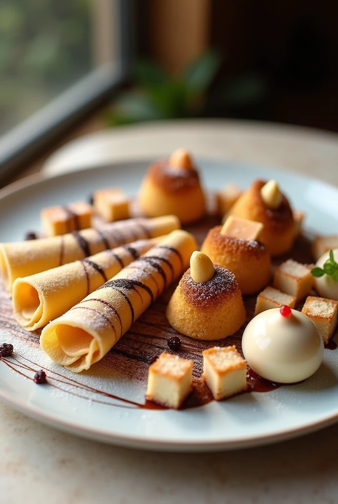 Un plateau de dessert dans laquelle nous avons des crêpes sucrées coupées en fin lamine, chocolate coated and mini pancakes with cake cut into small pieces 