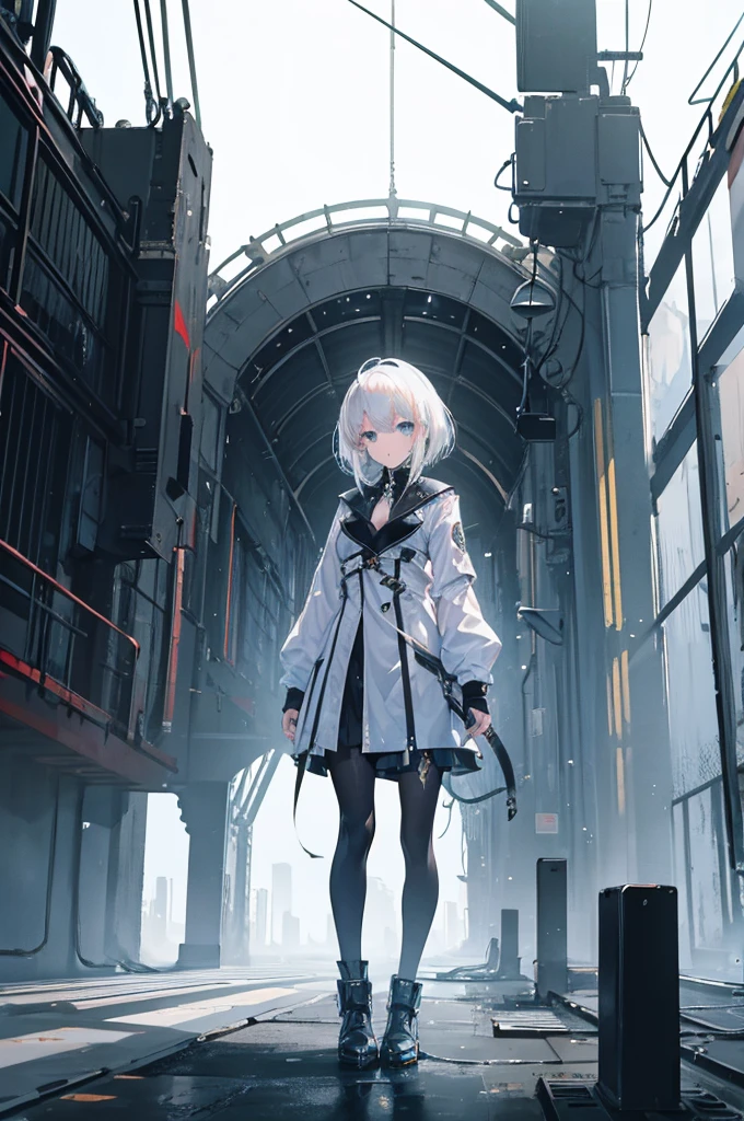 White hair,Girl,Huge battleship,Gloomy environment,Masterpiece,high quality