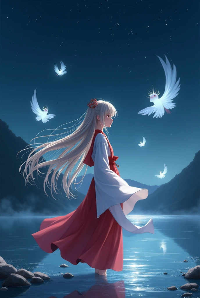 A shrine maiden girl at the waterside at night　Long hair swaying in the wind　There are white souls all around　Red and white shrine maiden outfit