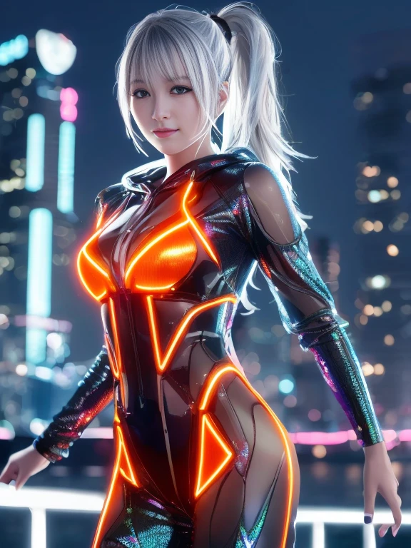 Lake at night,(Gorgeous night illuminations:1.3),(Standing in the night:1.3)The actress is a very beautiful adult woman........(Sexy super shiny orange transparent holographic mechanical cyberpunk suit with hood:1.3) ,(A mechanical hooded suit that lights up with vibrant LEDs:1.3),Surrounded by a network of wires. surrounded by circuits.Sexy Face, necklace,Earrings, Smile.Sexy pose, (Silver Hair、精巧な編み込みとビーズで飾られたponytailのツイストバンズ,),(The bangs are see-through),(hairpin、ponytail、Wear a hood、),Chest slip,(Emphasize large breasts:1.3),Professional Lighting,Cinematic Light,(Tabletop,Highest quality,Ultra-high resolution output images,) ,(8K quality,),(SeaArt 2 Mode:1.3),,(Picture Mode Ultra HD,)