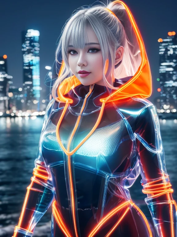 Lake at night,(Gorgeous night illuminations:1.3),(Standing in the night:1.3)The actress is a very beautiful adult woman........(Sexy super shiny orange transparent holographic mechanical cyberpunk suit with hood:1.3) ,(A mechanical hooded suit that lights up with vibrant LEDs:1.3),Surrounded by a network of wires. surrounded by circuits.Sexy Face, necklace,Earrings, Smile.Sexy pose, (Silver Hair、精巧な編み込みとビーズで飾られたponytailのツイストバンズ,),(The bangs are see-through),(hairpin、ponytail、Wear a hood、),Chest slip,(Emphasize large breasts:1.3),Professional Lighting,Cinematic Light,(Tabletop,Highest quality,Ultra-high resolution output images,) ,(8K quality,),(SeaArt 2 Mode:1.3),,(Picture Mode Ultra HD,)