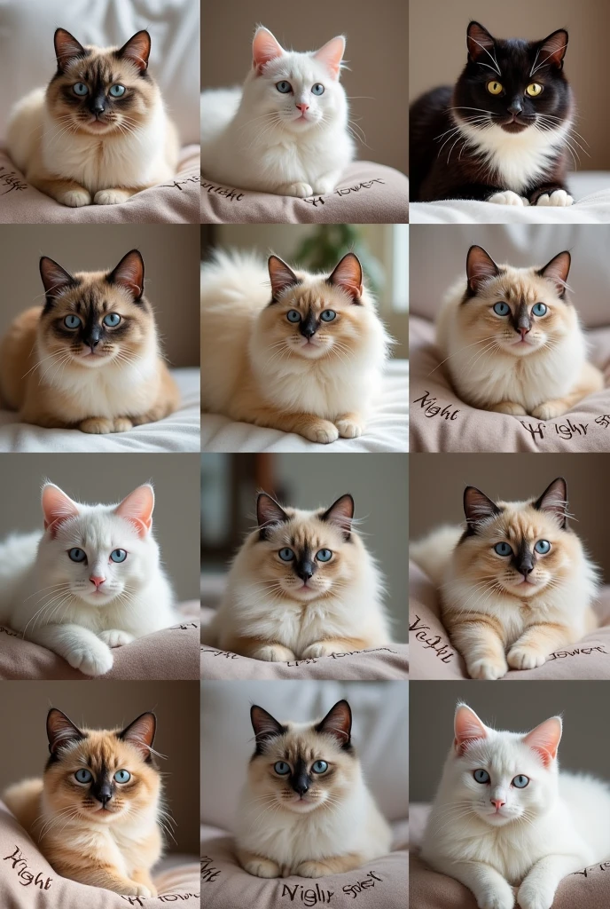 Collage of 9 pictures. Each picture shows a photo of a purebred cat. On the pillows of the brand "Night flower" written in beautiful font, luxury beautiful light