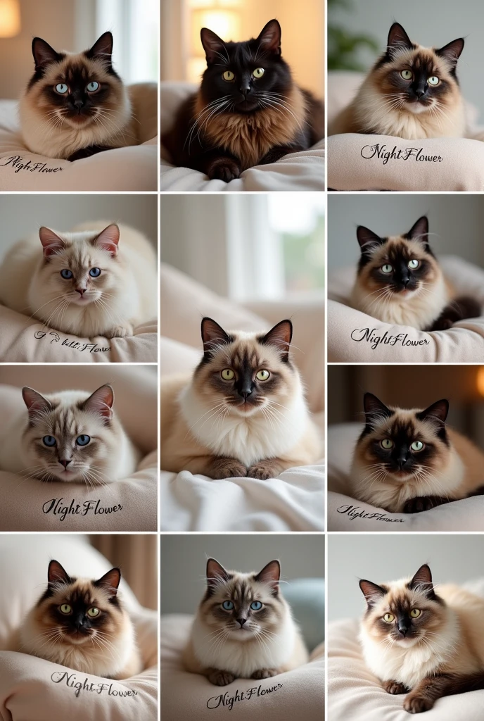 Collage of 9 pictures. Each picture shows a photo of a purebred cat. On the pillows of the brand "Night flower" written in beautiful font, luxury beautiful light