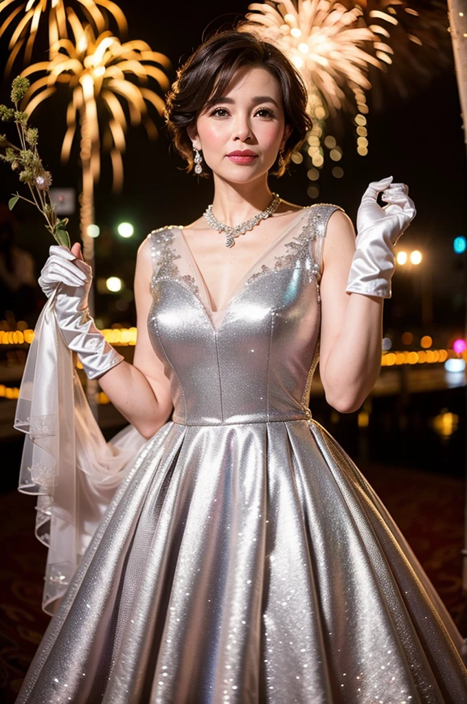 ((Masterpiece)), ((Best Quality)), A middle-aged short-hair woman, ((She is wearing an ornamental silver short length wedding dress)), She is wearing gloves on her hands., outdoor, She is wearing a big necklace, There are fireworks behind her.
