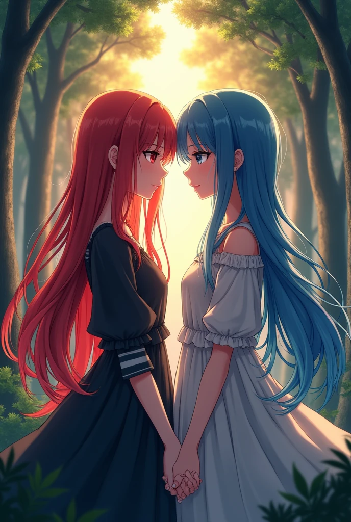 Ram and Rem anime, sexy, , the forest, twilight, girl on the right red hair, girl on the left blue hair, Long Folos, cute face, Look at each other