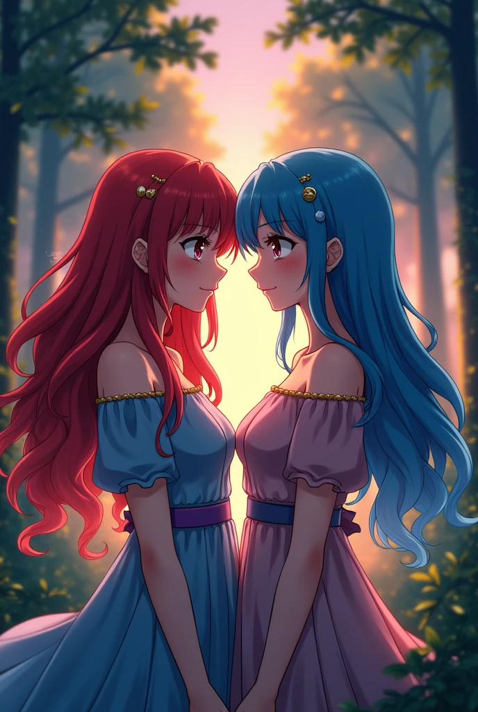 Ram and Rem anime, sexy, , the forest, twilight, girl on the right red hair, girl on the left blue hair, Long Folos, cute face, Look at each other
