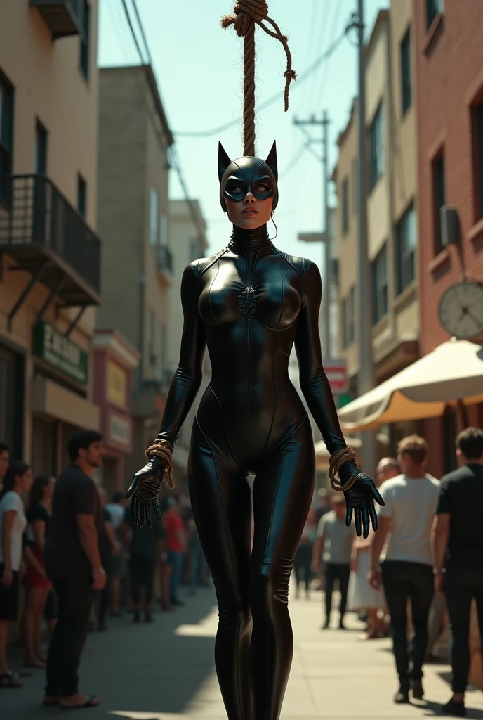 (8k, best quality, photorealists, realisti), Catwoman with large neckline, Neck is visible, sexly, Nice, hot, horrified, strangle, gasping for air, choked, screaming, horrifieder Gesichtsausdruck, is hanged, is hanged on the gallows, Rope tied tightly around the neck, Dicker Rope tied tightly around the neck, Thick rope tied under the chin around the throat, Cut off air, hängt am Hals tied up in der Luft, half a meter in the air, Feet not on the ground, Niceer Hals, sehr Niceer Hals, long neck, sehr long neck, good view of her neck, Catwoman strangle, can no longer breathe, Face tilted to the sky, Head thrown back, Body straight, Neck stretched, Shoulders hanging, hands behind the back, cannot move hands and arms, tied up, Throat pressed shut with a rope, on a sunny day in a secluded alley in Los Angeles with an audience around her.