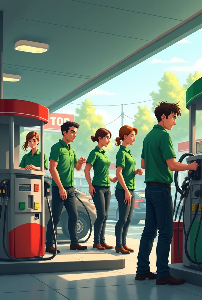 Three male gas station attendants and two female gas station attendants in green shirts