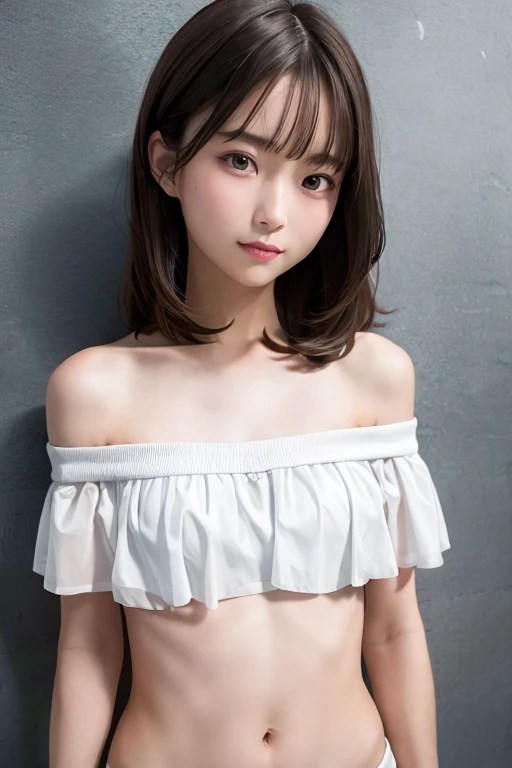 (best quality:1.2), masterpiece, Realistic, Ultra-high resolution, ((a beautiful Japanese idol woman:1.2)), (Gaunt:1.3), (((Very flat chest:1.4))), (()), ((upper body)), (nup, cheerleader:1.2), (show me your armpit:1.2), (sweaty armpit:1.3), ((Armpits are wet and shiny with sweat)), She has skin that sweats easily Soaking wet, Sweaty, (I can see my pores:1.2), topless, solo, smile, standing, looking at viewer