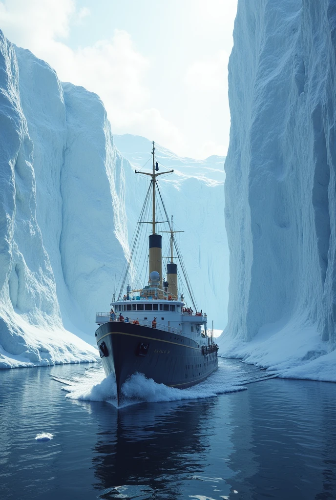Ship in front of the ice walls of Antarctica