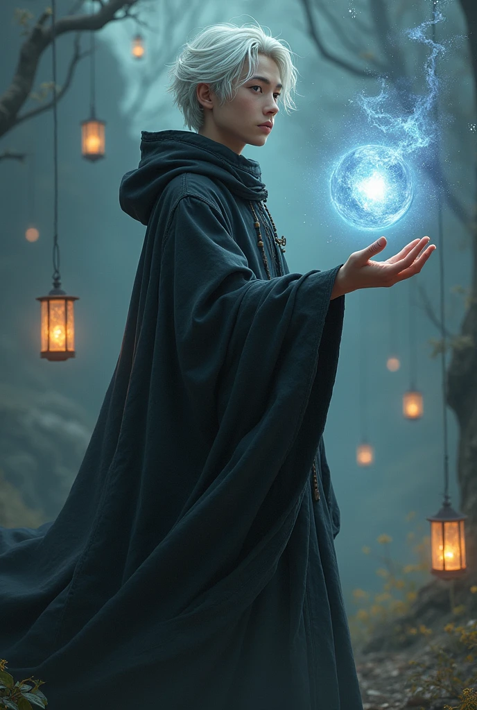 a young male wizard where his hair and eyes are white, his face is one of tranquility and without his hand extended a sphere of energy is created, half darkness and half light , the landscape behind is sober and there are floating lanterns around. His clothes are black, wizard style