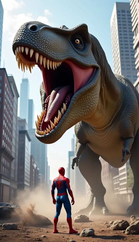 Create an exciting scene where Spider-Man is facing off against a massive, menacing T-Rex. The T-Rex is roaring fiercely at Spider-Man, displaying its large, sharp teeth. This encounter is taking place in the middle of a modern city, with buildings and streets visible in the background under the daylight. The T-Rex is so enormous that it dominates the entire scene, while Spider-Man stands bravely in front of it."