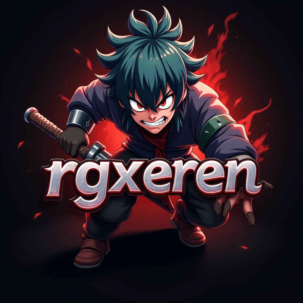 An anime character in rage with weapon in hand and write RGxEREN in this logo for gaimng logo 3d and realistic