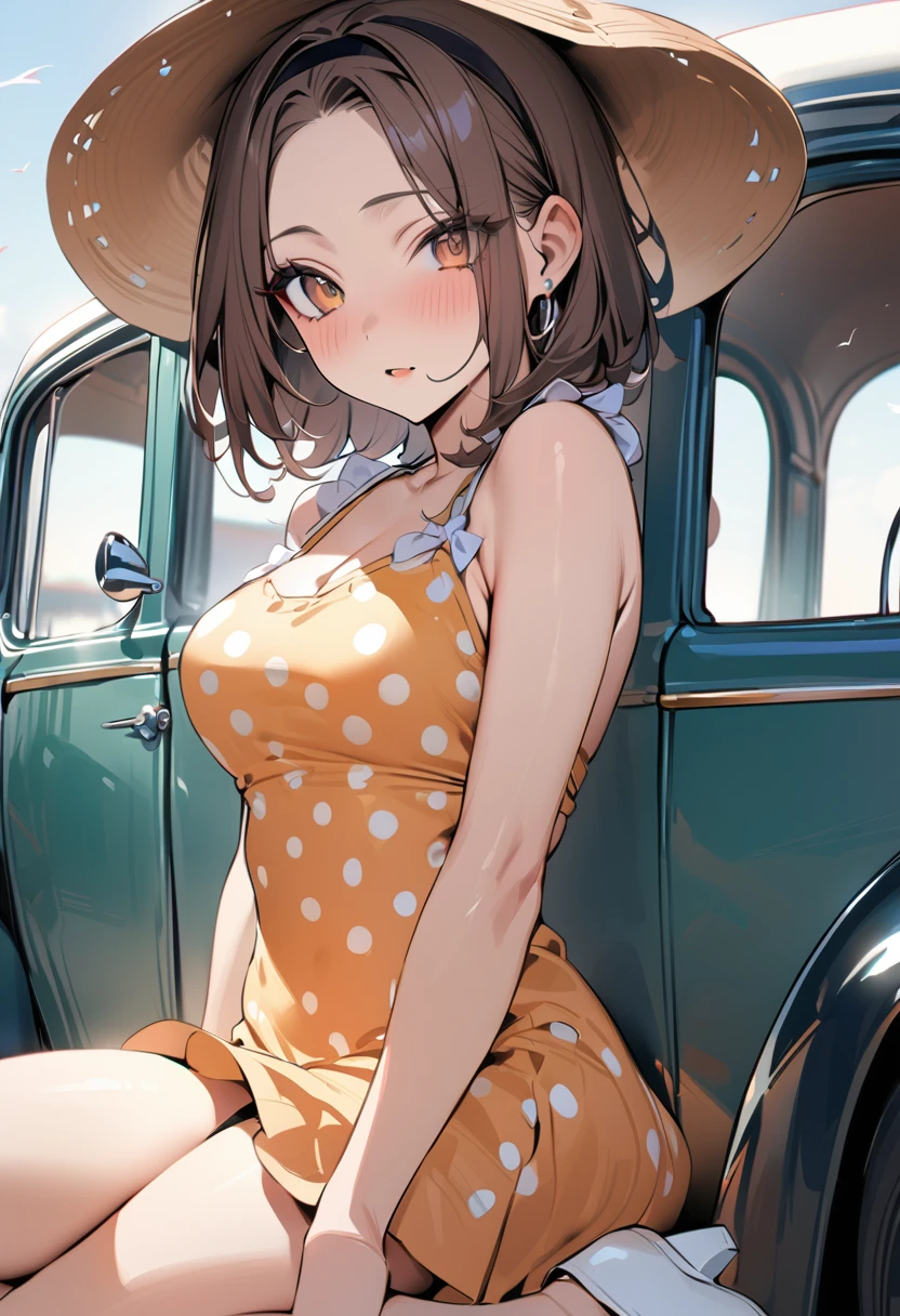 (masterpiece, best quality:1.5), (high resolution 8K), detailed eyes and face, detailed body,
BREAK 1 girl, bob, center part, forehead, brown hair, piercing, brown eyes, medium breasts
BREAK Polka dot dress, ballerina shoes, retro sunglasses, hairband,
BREAK posing with one foot back and winking, in front of old diner or vintage car
