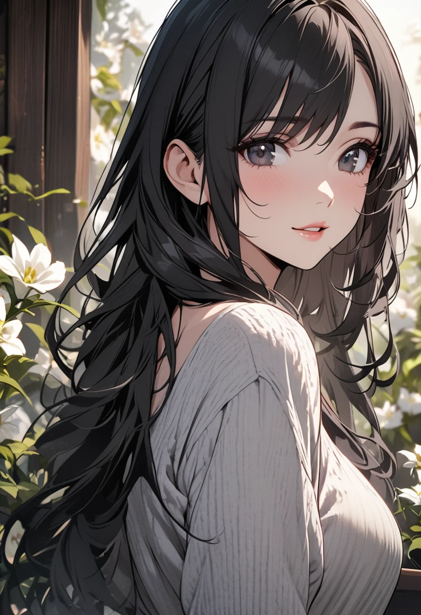 girl, mature, cute, black eyes, black hair, long hair, white flower, beautiful eyes, beautiful color, high detail