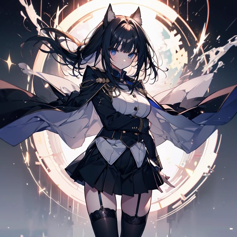 1 girl、Mature、Ample breasts、Long Hair、Trimmed bangs、uniform、ゴスuniform、Cape、Miniskirt、Armament、Black costume、garter、High resolution、Highest quality