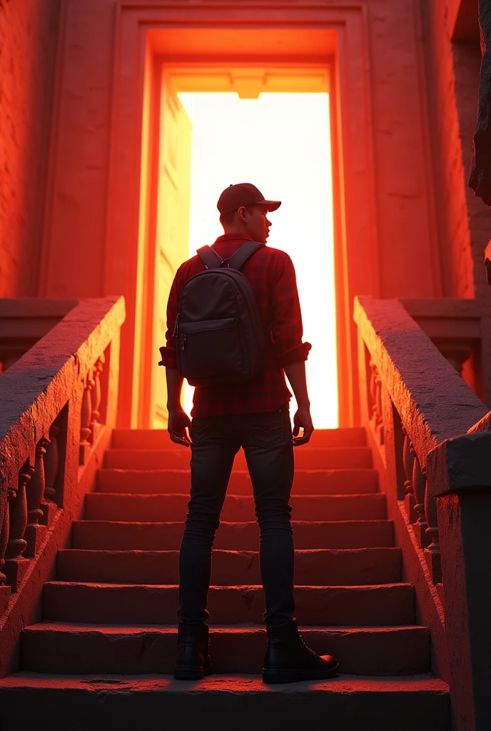 Hyper realistic, depict dramatic scenes with strong color contrasts, especially in shades of red and orange, depicting environments that appear otherworldly. In the middle, there was a white door emitting bright light, with the silhouette of a person standing in the doorway. Face detailed. Look straight ahead. 26yo Indonesian man wearing dark red flannel shirt and dark ripped jeans pants and black hiking hi-shoes with black backward trucker hat, wear dark leather backpack, masculine photoshoot pose, arrogant man expression. On the side of the stairs leading to the door. The setting includes architectural elements such as stairs and railings that have an otherworldly ancient design.