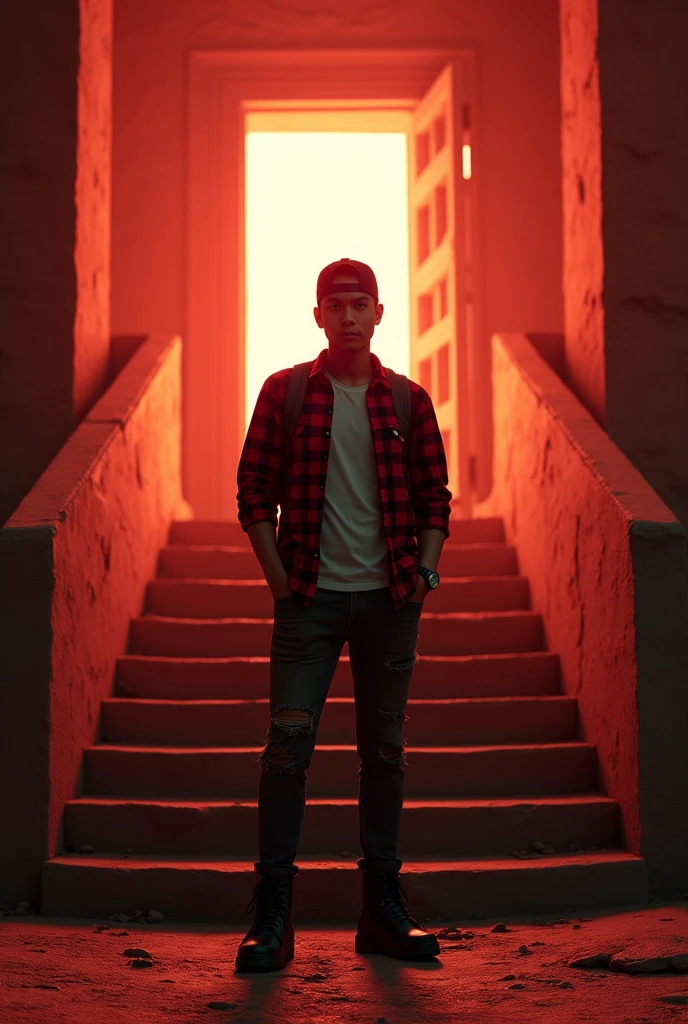Hyper realistic, depict dramatic scenes with strong color contrasts, especially in shades of red and orange, depicting environments that appear otherworldly. In the middle, there was a white door emitting bright light, with the silhouette of a person standing in the doorway. Face detailed. Look straight ahead. 26yo Indonesian man wearing dark red flannel shirt and dark ripped jeans pants and black hiking hi-shoes with black backward trucker hat, wear dark leather backpack, masculine photoshoot pose, arrogant man expression. On the side of the stairs leading to the door. The setting includes architectural elements such as stairs and railings that have an otherworldly ancient design.