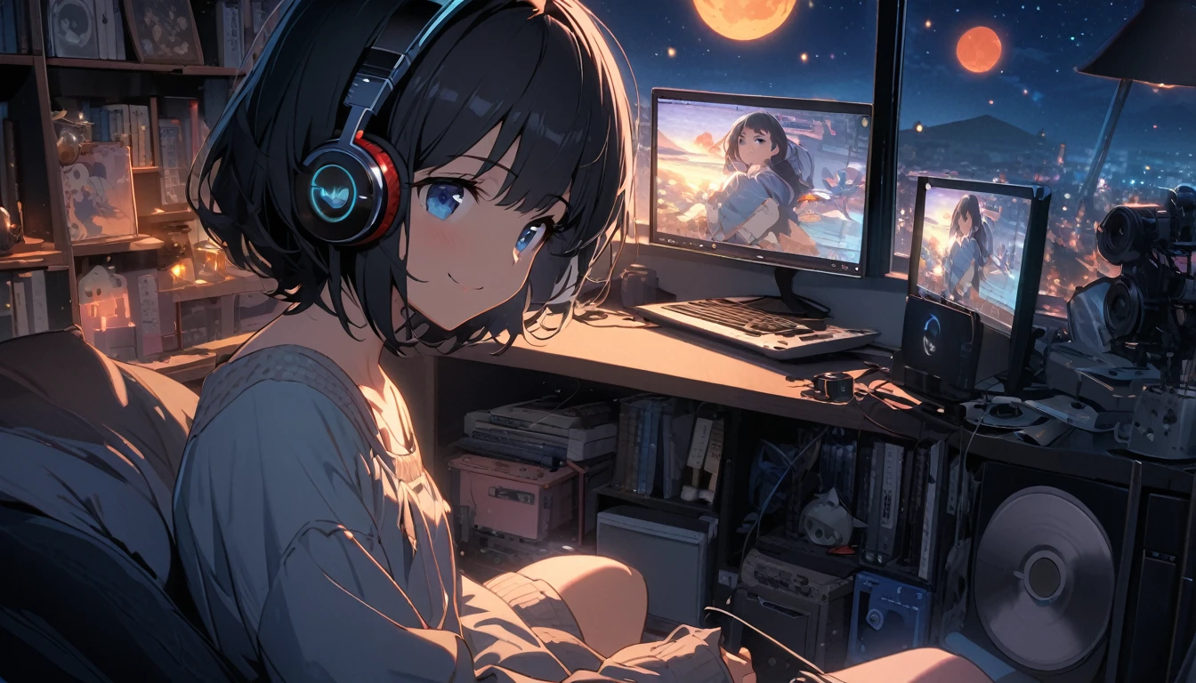 One beautiful girl, alone, She has a sweet smile and a flat chest., (short hair), Black Hair, blue eyes, Beautiful depiction,A girl sitting in front of a computer in a cozy bedroom., Girl listening to music in a cozy room (night), Use headphones, On the roof, (beautiful night views from windows), Lots of things,Very detailed, hard disk, Surreal