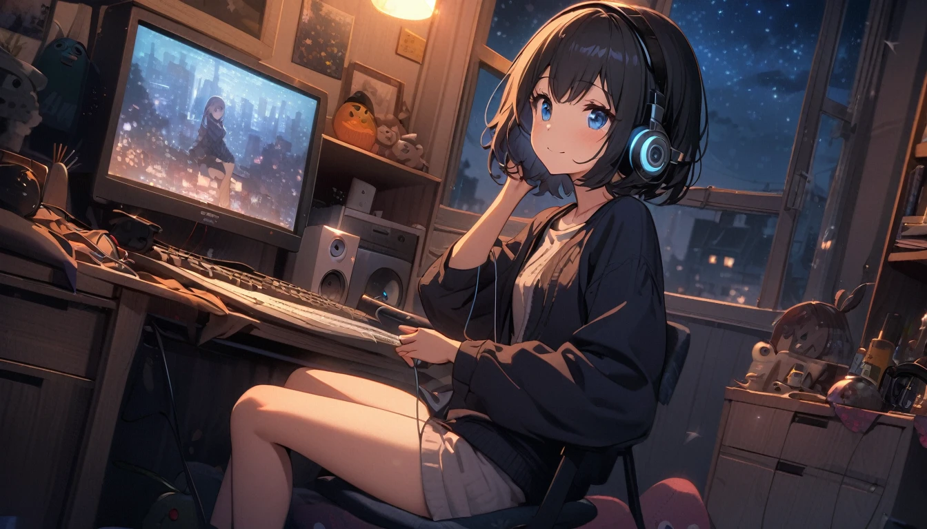 One beautiful girl, alone, She has a sweet smile and a flat chest., (short hair), Black Hair, blue eyes, Beautiful depiction,A girl sitting in front of a computer in a cozy bedroom., Girl listening to music in a cozy room (night), Use headphones, On the roof, (beautiful night views from windows), Lots of things,Very detailed, hard disk, Surreal