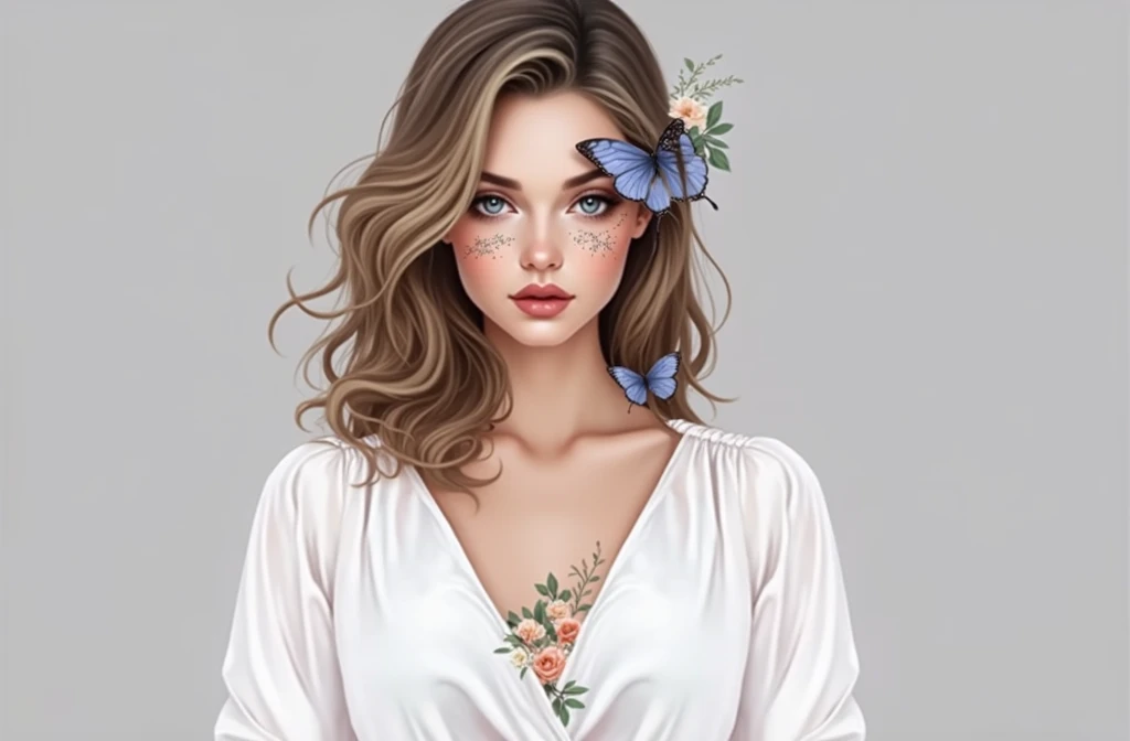 Delicate mixed-media portrait of a woman with soft features, adorned with a butterfly and floral elements, layered over vintage text and watercolor washes, blending elegance and nostalgia in a light, whimsical style.