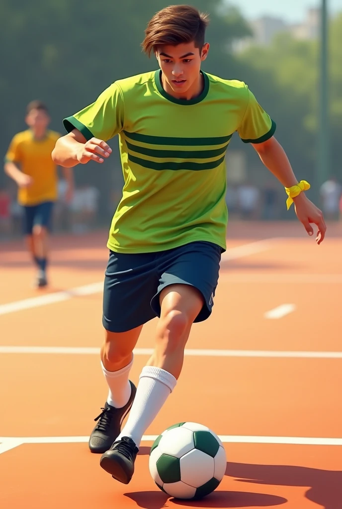 A young man of about  kicking a ball. He is on an open-air futsal court. The court floor is orange with white lines. Her skin is white and her hair is brown and straight.. His shirt is lime green with four horizontal avocado green stripes.. The stripes run across the entire shirt. His shorts are navy blue and his socks are halfway up his shin and are completely white.. He wears black futsal shoes and has a yellow ribbon on his arm.. 