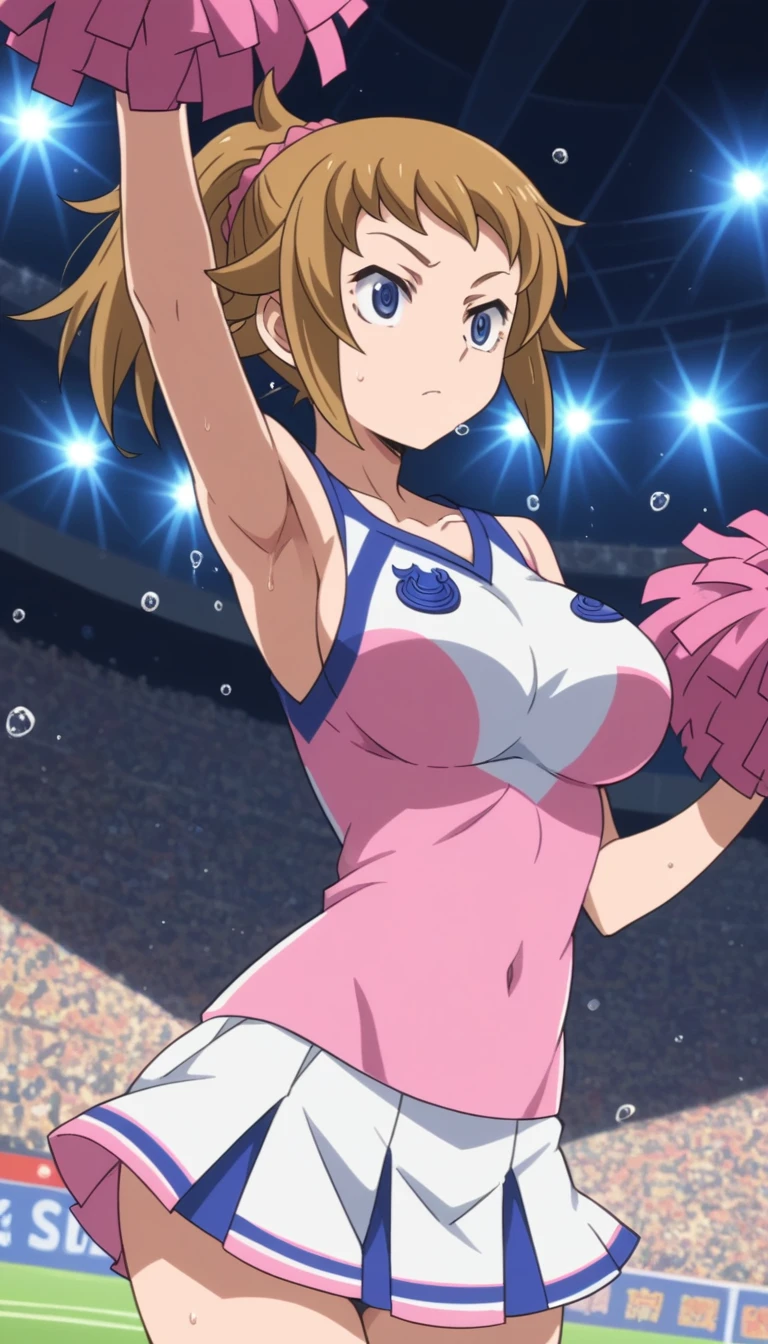 Score 9, Score 8 up, Score 7 up, The evaluation is questionable,
Detailed Background, Glowing Skin,Fumina Hoshino, Fumina Hoshino, blue eyes, Brown Hair, ponytail, Scrunchie,
girl, cheerleader, big breasts under uniform, armpit, mini skirt, droplets of sweat, dance, on stadium stands, on the stairs, stand seats, surrounded by spectator, crowd, best quality, very aesthetic