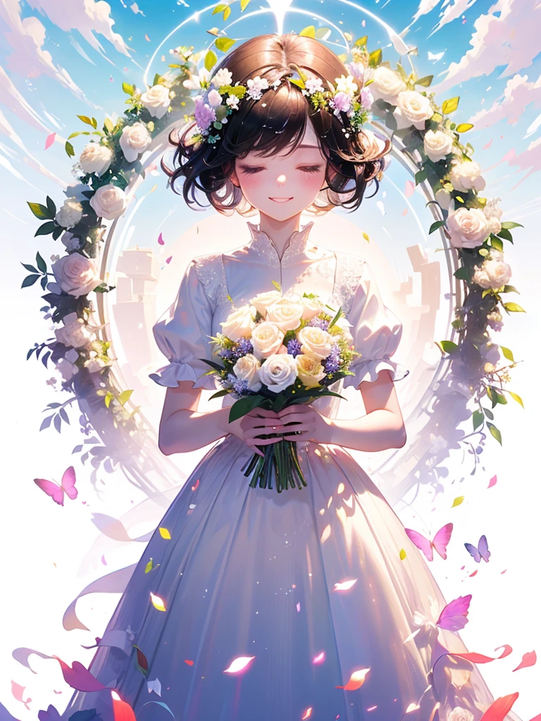 (masterpiece、Highest quality、Highest quality、Beautiful and beautiful:1.2)、(Perfect Anatomy:1.2)、Milky white straight hair girl、Butterfly Fairy、Floral costume、A radiant smile、I bow my head and close my eyes and pray、Flowers and leaves on head、Holding a bouquet、Rose Garden