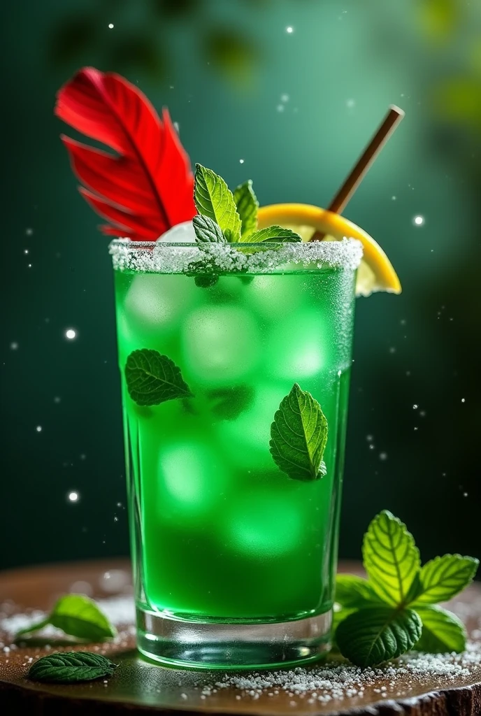 crie um drink do peter pan, it would be mint and lemon, It would be green with a red feather as decoration and sugar edges to represent magic dust, PICTURE REALISTIC