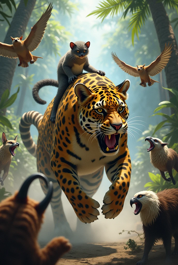 Make a picture of a marmoset riding a jaguar fighting a fox,a bat,a goat and an eagle
