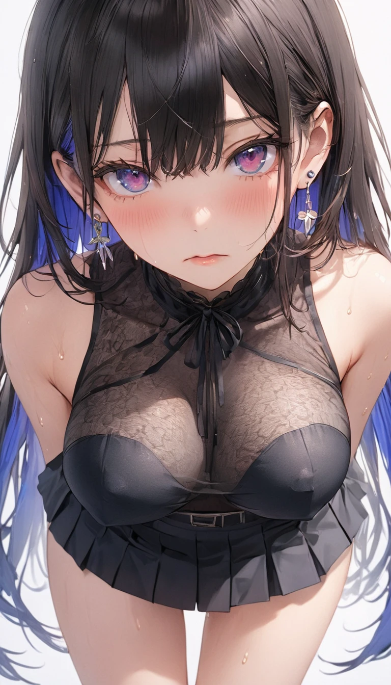 ((((highest quality)))), (((Ultra-precision CG 16K))), (((masterpiece))), (((Very detailed))), (((Extremely detailed))), (((Black outline:1.3, Written boundary depth:1.3 , Written soft outline))), Maximum clarity and sharpness,Multilayer Texture, Surface Shading, Cinematic lighting, Beautiful details sparkle ,Perfect Proportions, Limited to three woman, BREAK accurate, Anatomically correct, Highly detailed face and skin texture, drawn in detail, Highly detailed facial and skin texture, Detailed eyes, beautiful hair, Beautiful Japanese Idol face, Beautiful and beautiful eyes, Beautiful body, Beautiful breasts, Beautiful thighs, Beautiful legs, Beautiful fingers, (Beautiful views) , skinny body, ((Beautiful Skin)), ((Skin Texture)) BREAK breast enlarged, medium Breasts, rocket breasts, (((perky breasts))), (covered nipples), slender waist, ( swollen face , upward glance , narrow eyes, blush, determined expression, sweaty, ) , (streaked hair, hair intakes, colored inner hair, ) BREAK (((wearing zqj clothing in the form of thin strings printed literals, wearing pleats mini-skirt, breasts is covered by outfit))) , wearing earrings, BREAK ( stick breast out),(((looking at viewer, super detailed background , ))), BREAK ((((portrait, extremely close bustup shot, looking at viewer, \(face waiting for kiss\):1.3, from above )))), (natural make),
