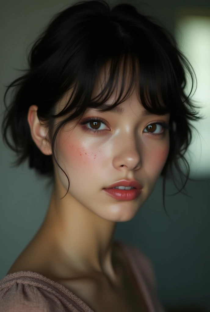 beautiful lady, (freckles), brown eyes, short black hair, dark makeup, hyperdetailed photography, soft light, head and shoulders portrait, cover