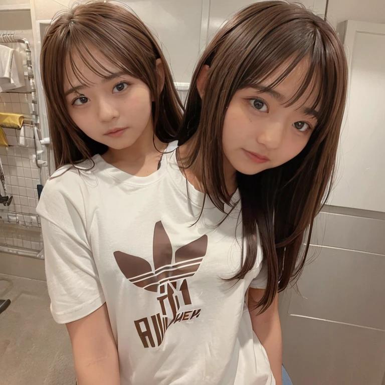 One girl, t shirt long hair, Brown Hair, Adidas