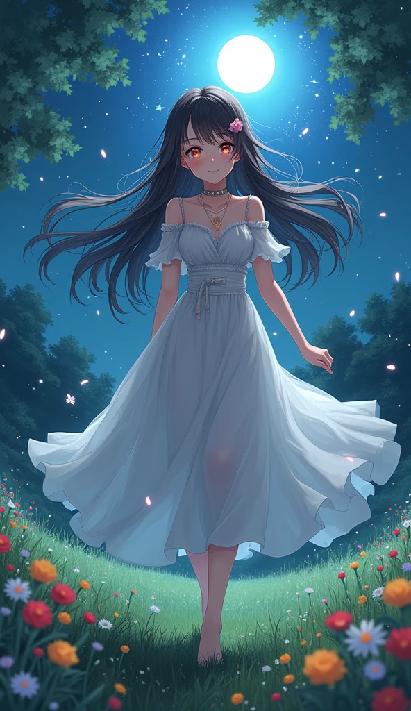 (masterpiece、Highest quality、8k、High resolution)、1 female、Beautiful eyes with slit length、Cute lips、Beautiful Nose、Brownish black hair、smile、(Best anime girl)、Green grassland with forest view、Walking,(Barefoot, flying, running, high, high),Colorful flowers blooming in the field,A bright night with the stars clearly visible、milky way、Mysterious light particles from the whole body、Colorful light particles、A mysterious light shining around your head、melt、jewelry、necklace、White lace dress、(Beautiful full body style)、Highly detailed anime art、A complete portrayal、