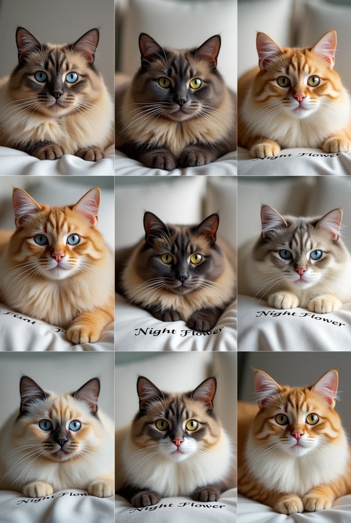 Collage of 9 pictures. Each picture shows a photo of a purebred cat. On the pillows of the brand "Night flower" written in beautiful font, luxury beautiful light