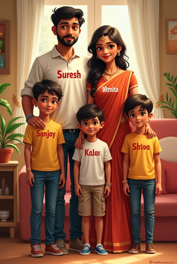 Two husband and wife, husband's chest should have Suresh written on it and wife's chest should have Mamta written on it. They should have two children, one should have Sanjay written on his chest and the other should have Shiva written on his chest. They should also have a daughter, on whose chest should be Kajal written.