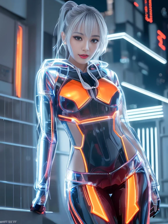 Lake at night,(Gorgeous night illuminations:1.3),(Standing in the night:1.3)The actress is a very beautiful adult woman........(Sexy super shiny orange transparent holographic mechanical cyberpunk suit with hood:1.3) ,(A mechanical hooded suit that lights up with vibrant LEDs:1.3),Surrounded by a network of wires. surrounded by circuits.Sexy Face, necklace,Earrings, Smile.Sexy pose, (Silver Hair、精巧な編み込みとビーズで飾られたponytailのツイストバンズ,),(The bangs are see-through),(hairpin、ponytail、Wear a hood、),Chest slip,(Emphasize large breasts:1.3),Professional Lighting,Cinematic Light,(Tabletop,Highest quality,Ultra-high resolution output images,) ,(8K quality,),(SeaArt 2 Mode:1.3),,(Picture Mode Ultra HD,)
