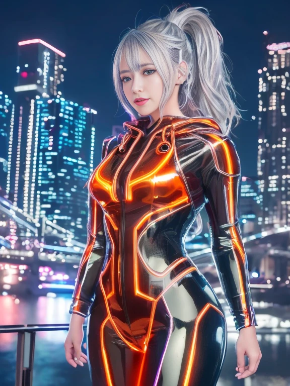 Lake at night,(Gorgeous night illuminations:1.3),(Standing in the night:1.3)The actress is a very beautiful adult woman........(Sexy super shiny orange transparent holographic mechanical cyberpunk suit with hood:1.3) ,(A mechanical hooded suit that lights up with vibrant LEDs:1.3),Surrounded by a network of wires. surrounded by circuits.Sexy Face, necklace,Earrings, Smile.Sexy pose, (Silver Hair、精巧な編み込みとビーズで飾られたponytailのツイストバンズ,),(The bangs are see-through),(hairpin、ponytail、Wear a hood、),Chest slip,(Emphasize large breasts:1.3),Professional Lighting,Cinematic Light,(Tabletop,Highest quality,Ultra-high resolution output images,) ,(8K quality,),(SeaArt 2 Mode:1.3),,(Picture Mode Ultra HD,)