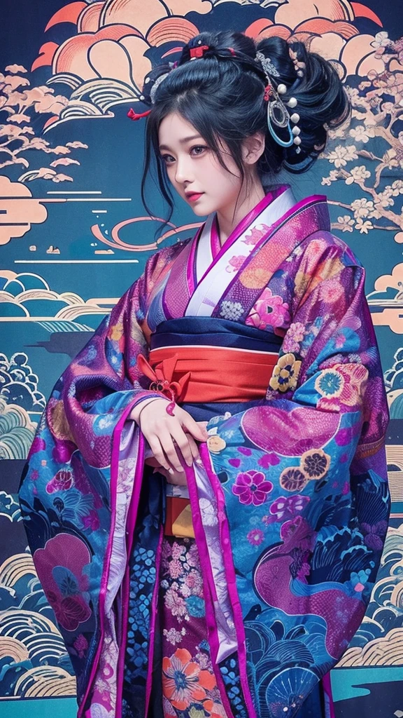 Japanese traditional dress, Katsushika Hokusai Style, (cyberpunk) (neon)