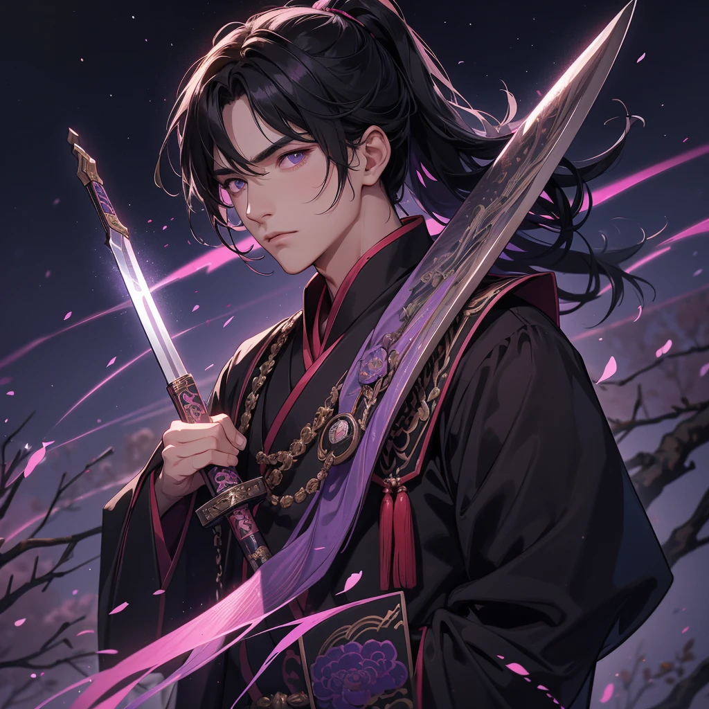 A Handsome black-haired male general holding a large sword in black-pink ancient Chinese general costume, background is a dark moonless night, with dry trees in the background, and purple glowing light, close up.