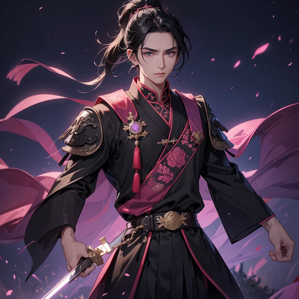 A Handsome black-haired male general holding a large sword in black-pink ancient Chinese general costume, background is a dark moonless night, with dry trees in the background, and purple glowing light, close up.