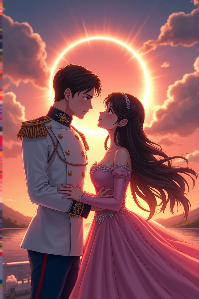 A beautiful princess with dark brown hair and black eyes wearing a aesthetic pink gown with a handsome soldier romantic moment anime style. Solar eclipse in background aesthetic picture