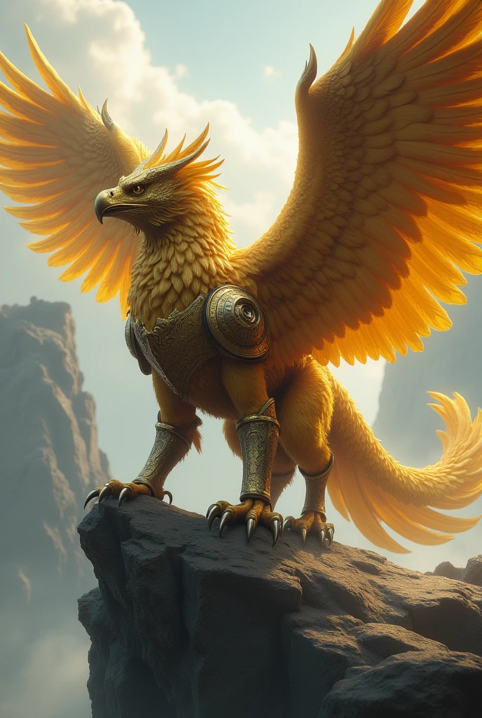 Golden Winged Griffin:With golden wings and a brave gaze,Wearing a helmet made of steel,Wearing a robe made of heavy golden armor,Sharp golden claw boots,Circling on the top of the cliff,The background is the howling wind。