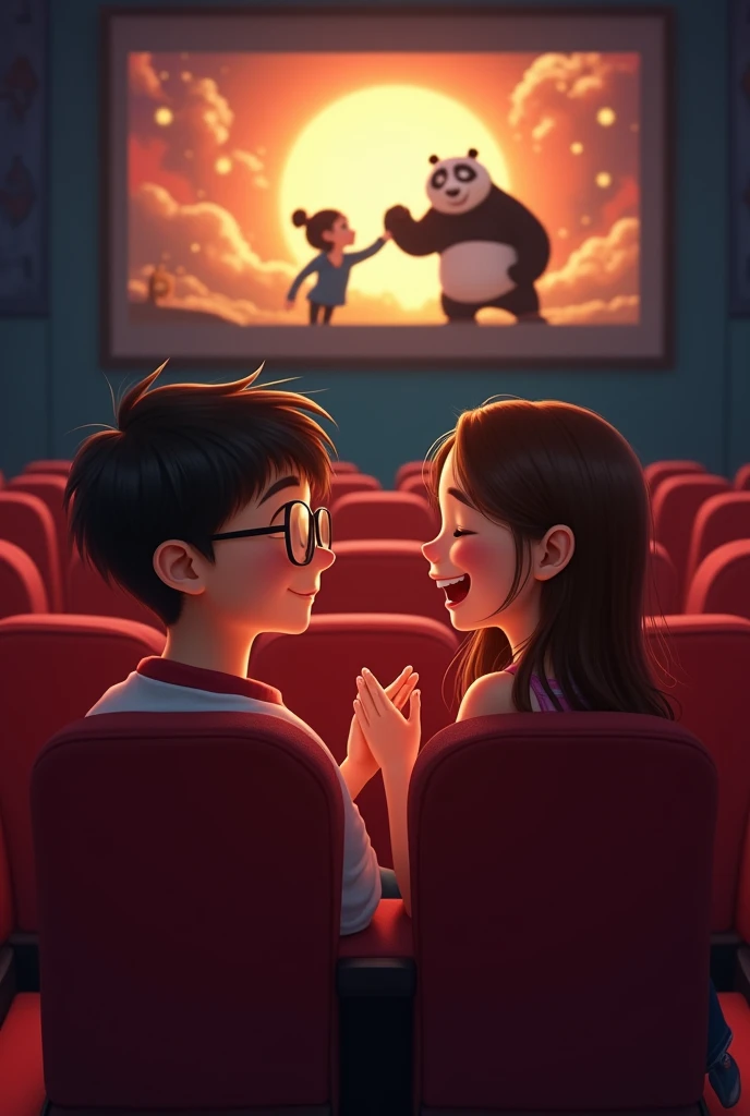 a broad-faced boy, with round lenses, thin lips and a girl together, with brown hair, sitting in a movie theater watching kung fu panda, The girl leaves laughing while trying to shake the boy&#39;s hand, They are a couple of boyfriends looking at each other face to face, the girl without glasses