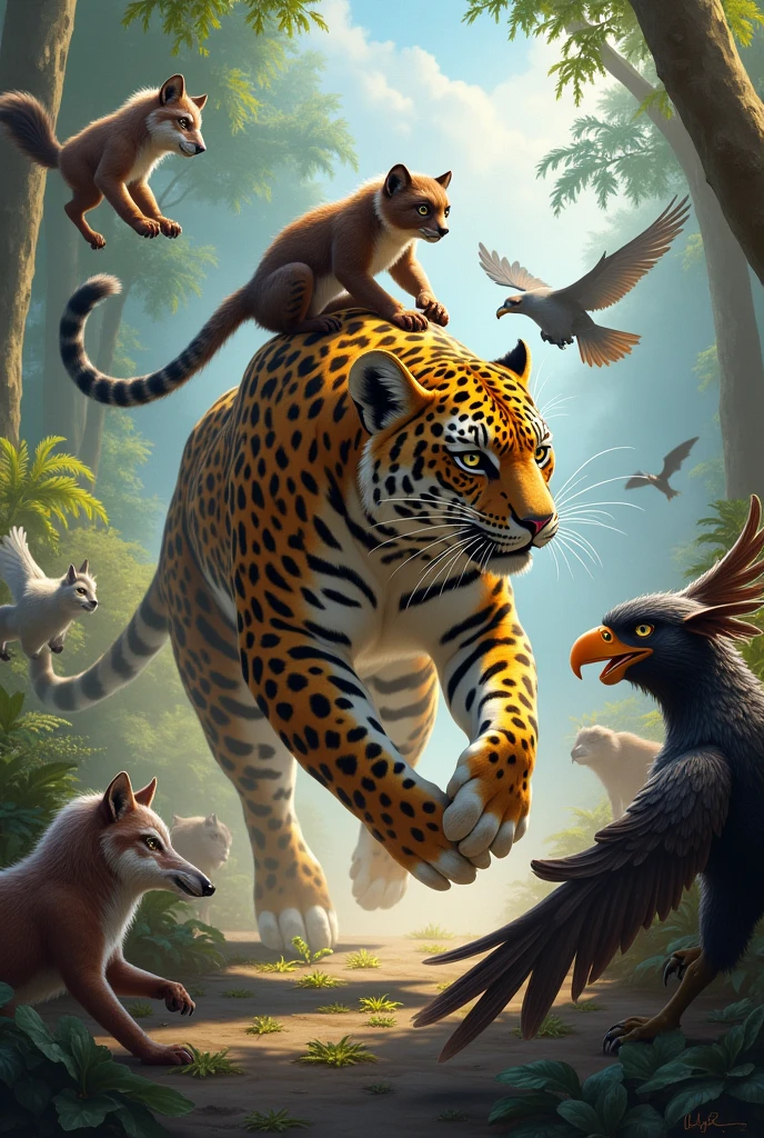 Make a picture of a marmoset riding a jaguar fighting a fox,a bat,a goat and an eagle