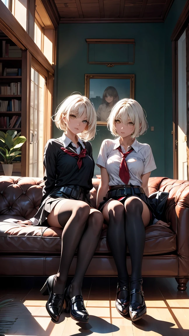 

"Two young women with short white hair and intense yellow eyes. They are wearing schoolgirl tops and red  with belts.. They both wear thigh-high stockings., accentuating your toned legs. Twin sisters are in the living room of a modern house, with expressions that combine mystery and a certain coldness. They are sitting side by side on a brown leather sofa., with a confident and intimidating posture, as soft sunlight streams in through the large window behind them, illuminating their elegant silhouettes."
