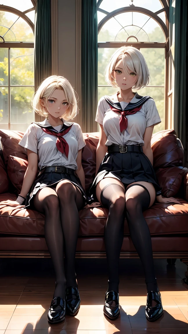 "Two young women with short white hair and intense yellow eyes. They are wearing girl tops and red with belts.. They both wear thigh-high stockings., accentuating your toned legs. Twin sisters are in the living room of a modern house, with expressions that combine mystery and a certain coldness. They are sitting side by side on a brown leather sofa., with a confident and intimidating posture, as soft sunlight streams in through the large window behind them, illuminating their elegant silhouettes."