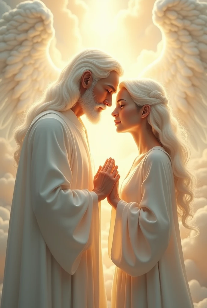 Heavenly mother and heavenly father holding hands in heaven. both with white hair, fair skin, and no beard, both being around 30 years old, heavenly father with more masculinity