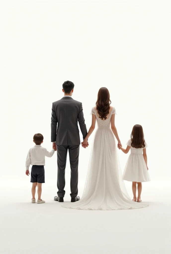 un couple de mariés de dos avec 2 enfants : un et une fille. Un masulin et une feminin. . Fond totalement blanc. la mariée tient le marié par le dos
